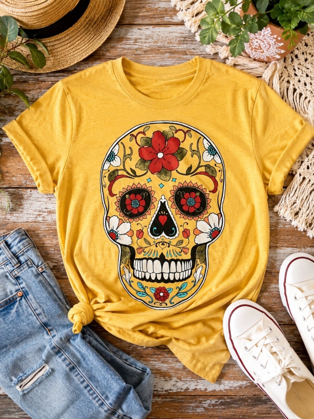 Sugar Skull Graphic T-Shirt Mustard Yellow Cotton Blend Short Sleeve M